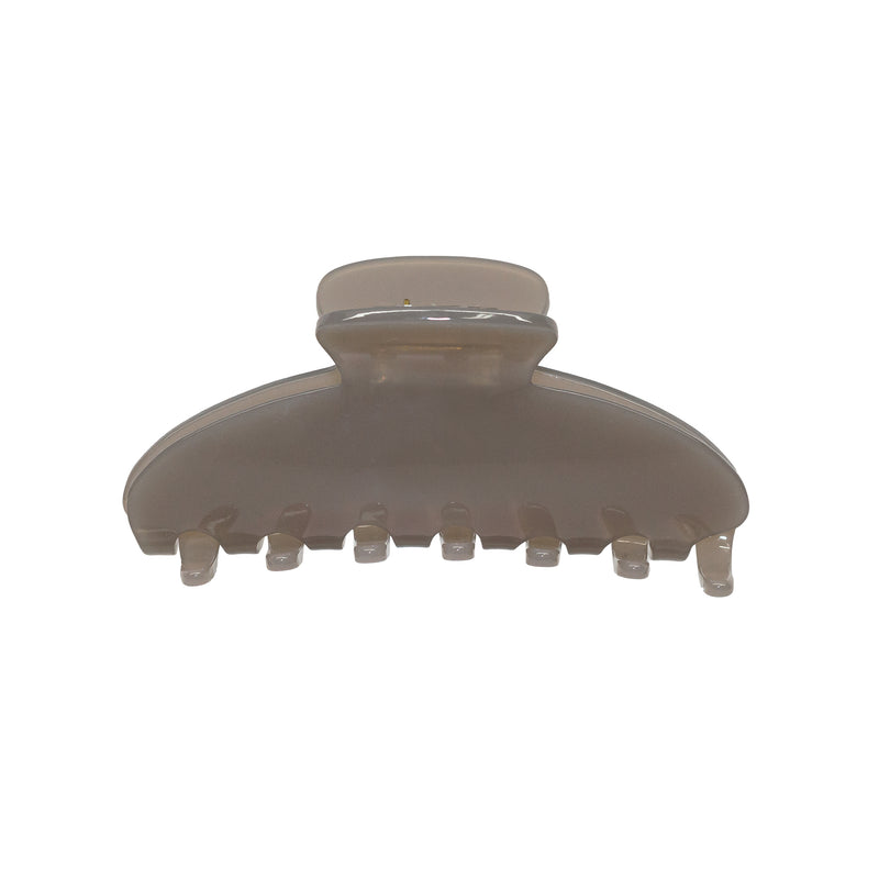 Large brown translucent plastic hair claw clip with toothed grip and rounded barrel clasp