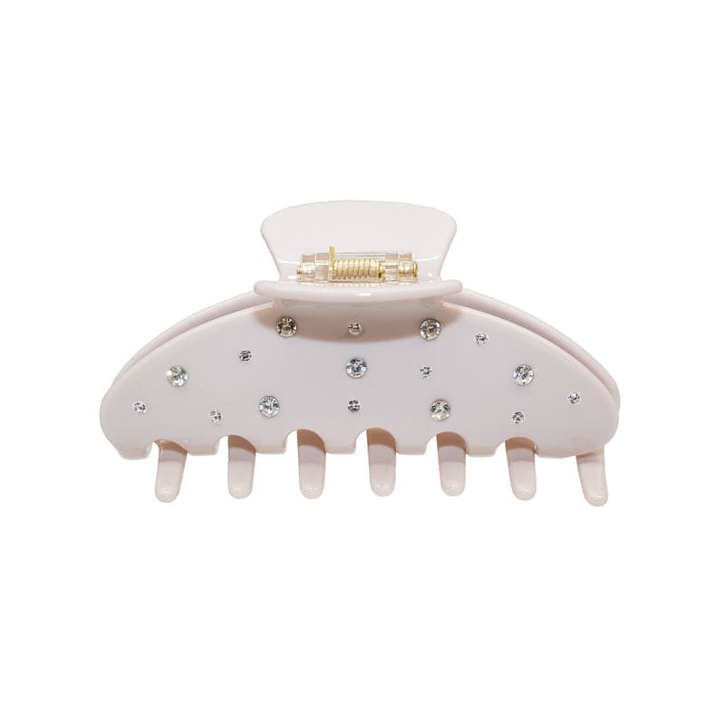 Large blush pink hair claw clip with rhinestone embellishments and seven teeth, featuring a spring-loaded clasp mechanism