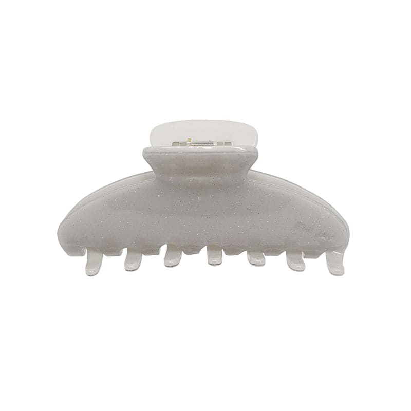 Clear glitter hair claw clip with translucent sparkle finish and seven teeth for securing hair