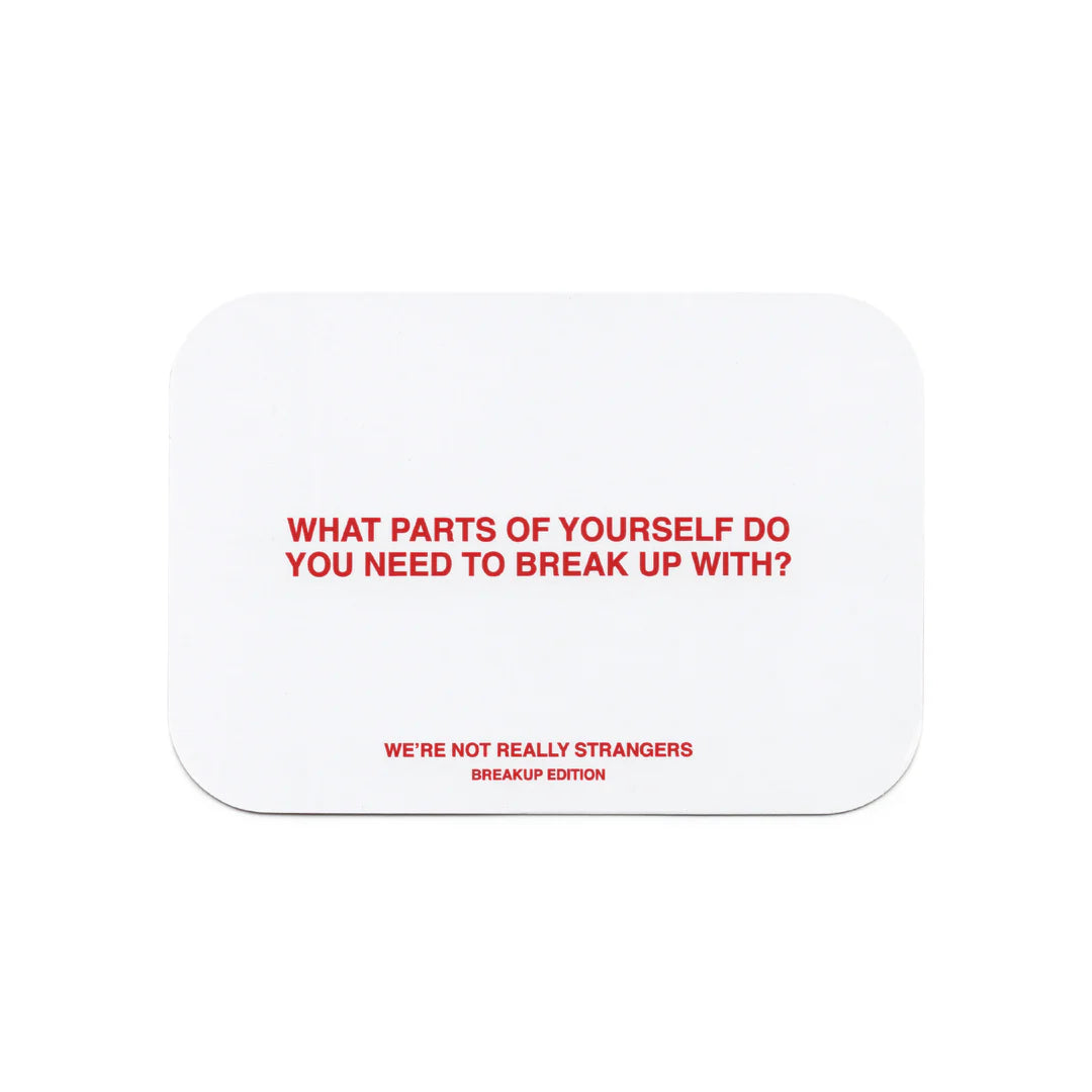 White rounded rectangle card with red text reading "What parts of yourself do you need to break up with?" - Breakup Edition game card