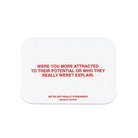 White rounded rectangle card with red text reading breakup conversation prompt about attraction to potential vs reality