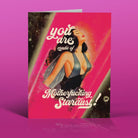 Retro-style greeting card with glamorous woman illustration on pink background and text "you are made of Motherfucking Stardust!"