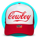 Red and white mesh trucker hat with "Cowboy" script logo in red lettering on white foam front panel