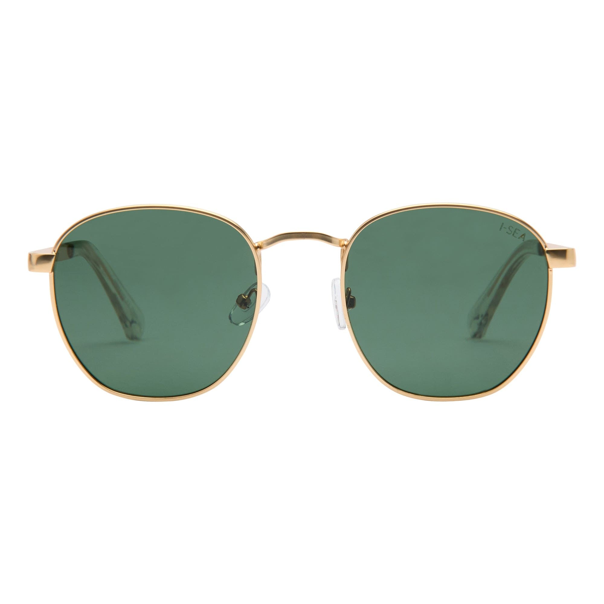 Gold-framed sunglasses with green lenses on a white background