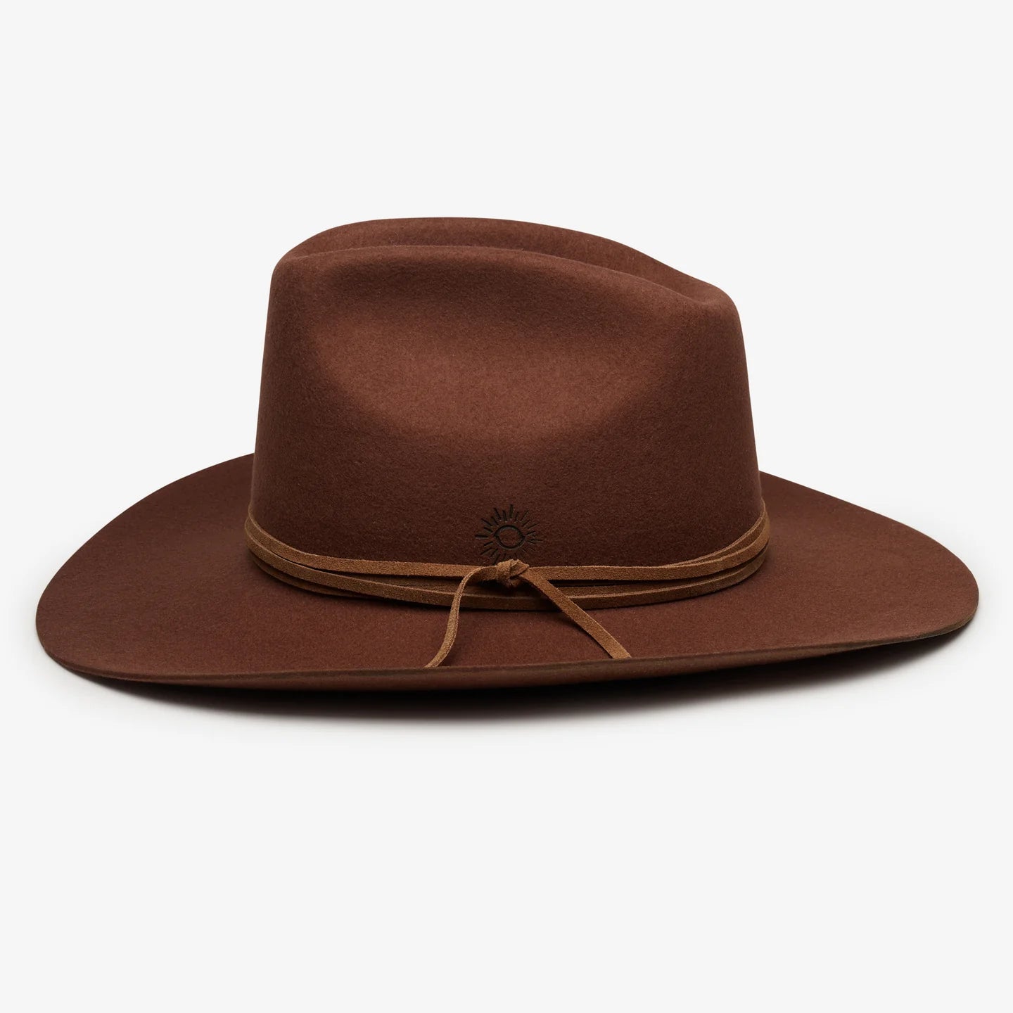 Brown wool felt wide-brim hat with leather cord band and sun emblem detail