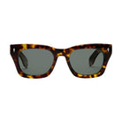 Sunglasses with tortoiseshell frame and dark lenses on a white background
