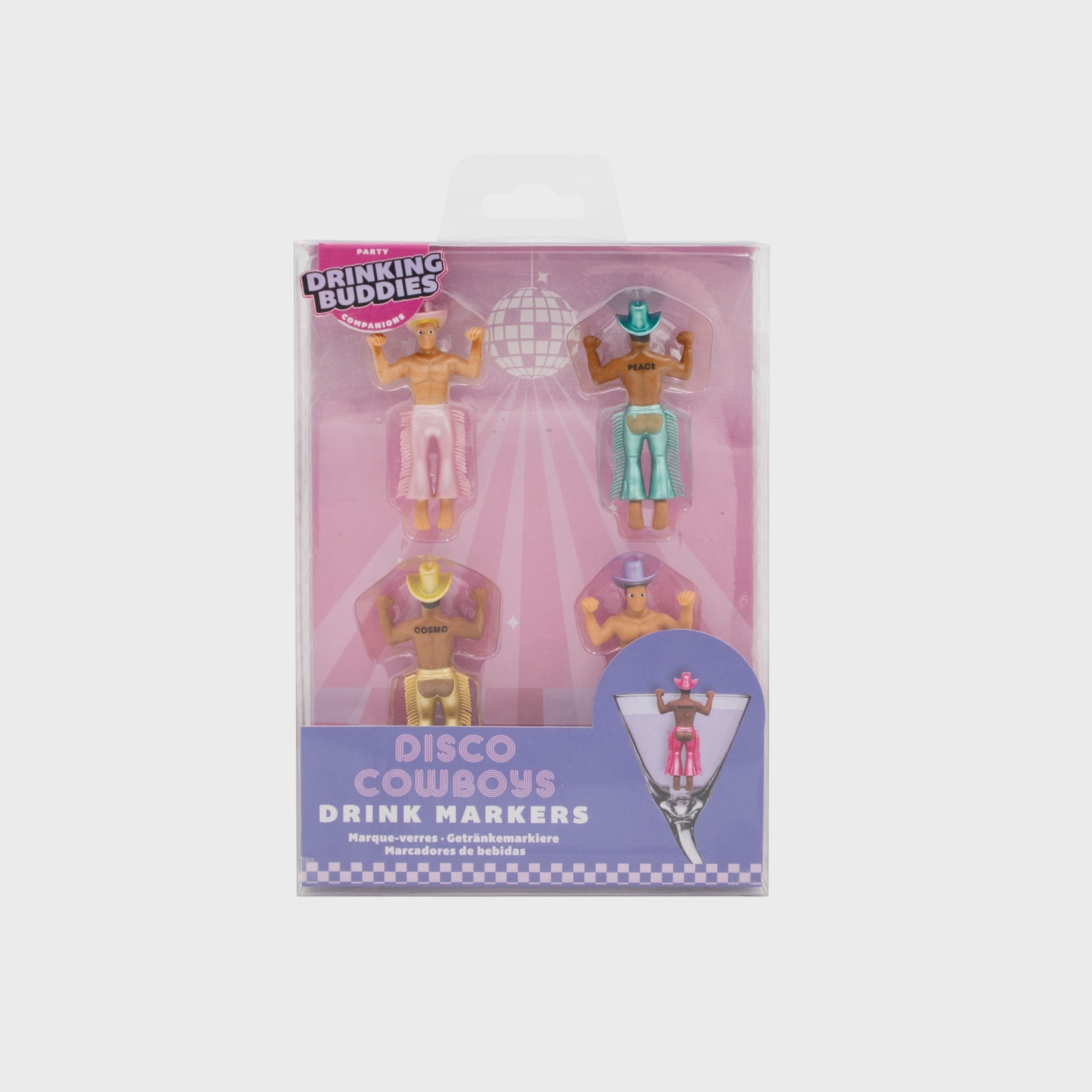 Packaged disco cowboys drink markers with a pink and purple design on a white background.