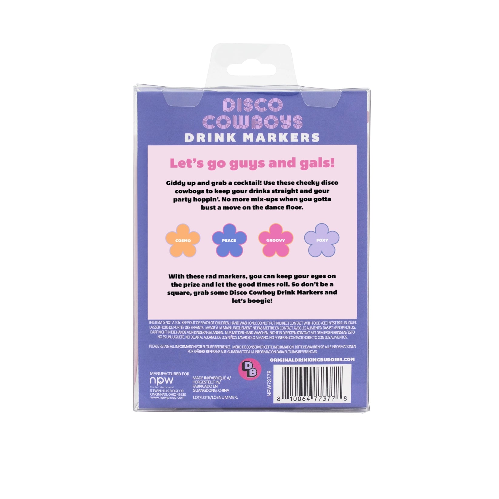 Packaging of Disco Cowboys drink markers with text and flower graphics on a white background