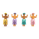 Four toy figures of muscular men in colorful outfits on a white background