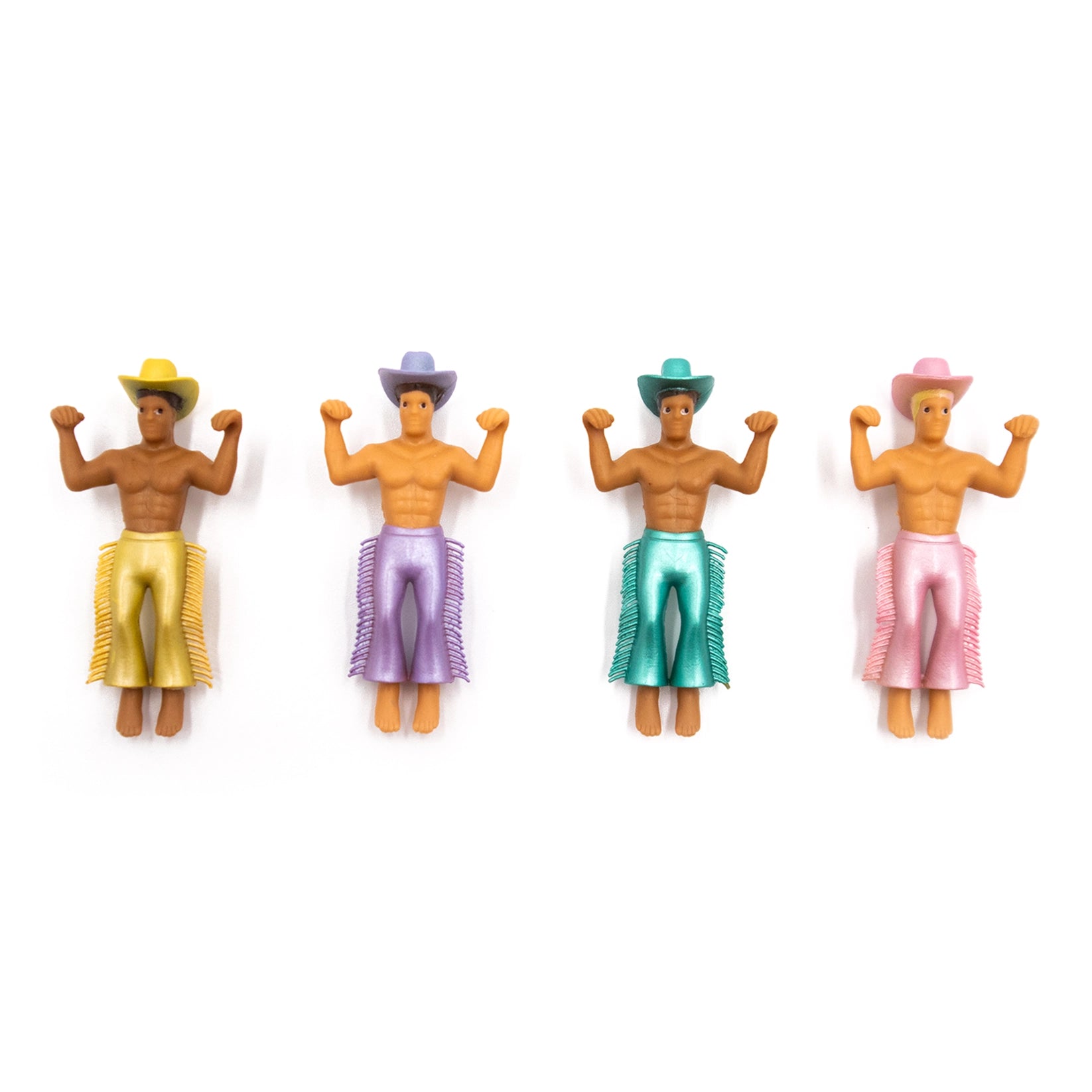 Four toy figures of muscular men in colorful outfits on a white background