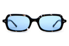 Rectangular tortoiseshell sunglasses with blue-tinted lenses and black acetate frames featuring white speckled pattern