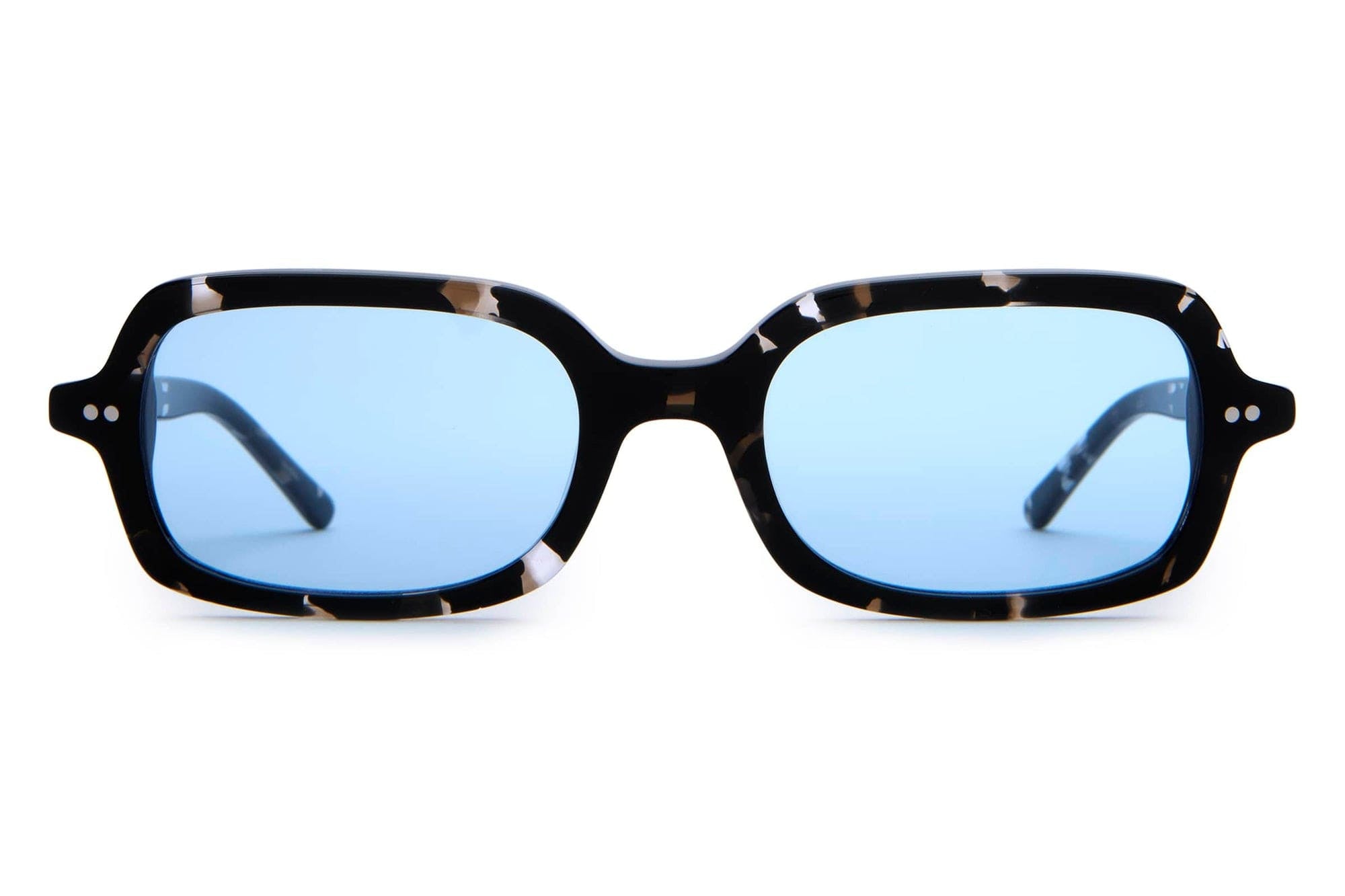 Rectangular tortoiseshell sunglasses with blue-tinted lenses and black acetate frames featuring white speckled pattern