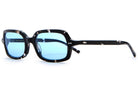 Sunglasses with blue lenses and tortoiseshell frame on a white background