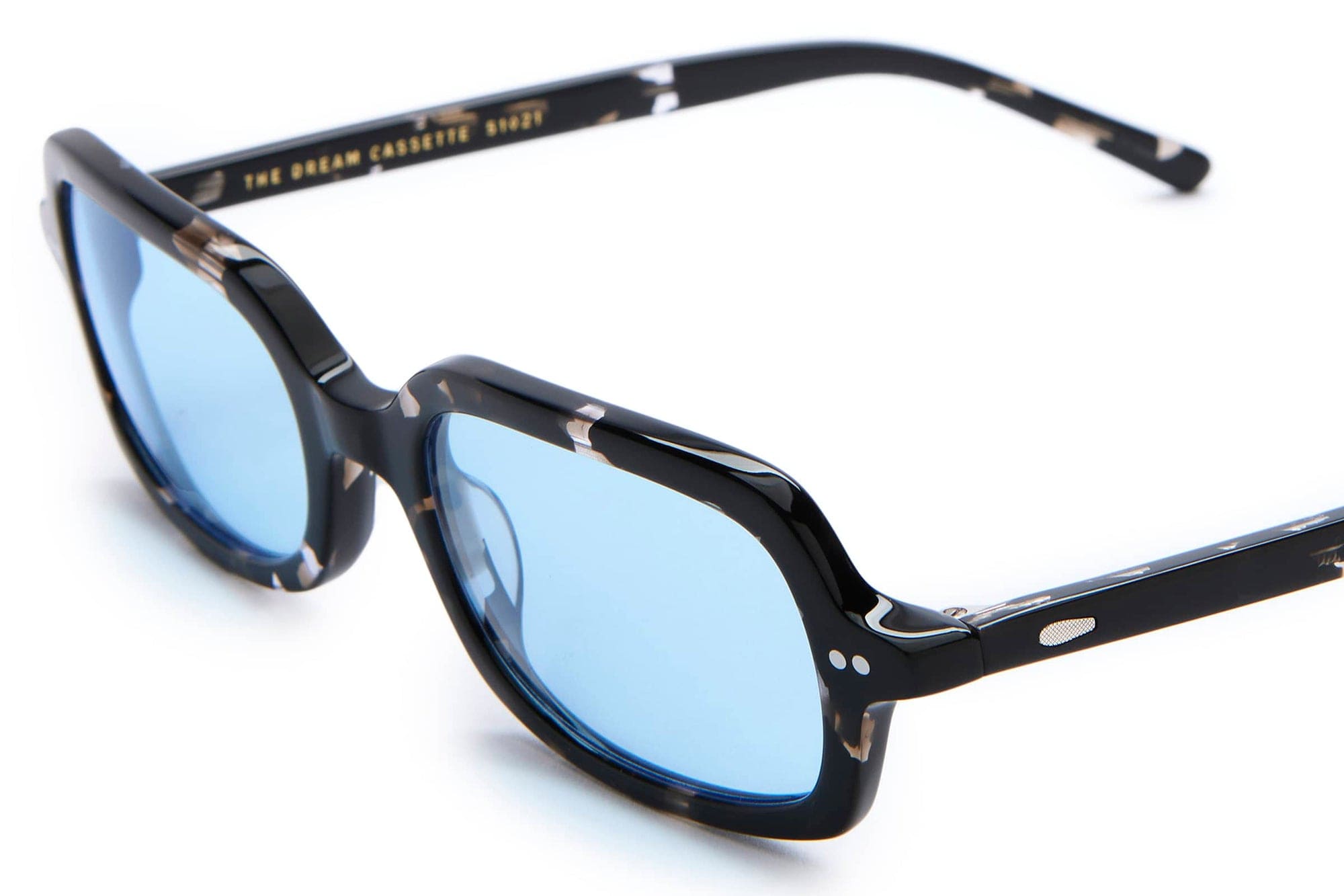 Sunglasses with a black frame and blue lenses on a white background