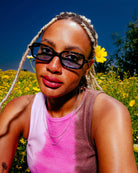 Person wearing black rectangular sunglasses in yellow flower field on sunny day with blue sky background