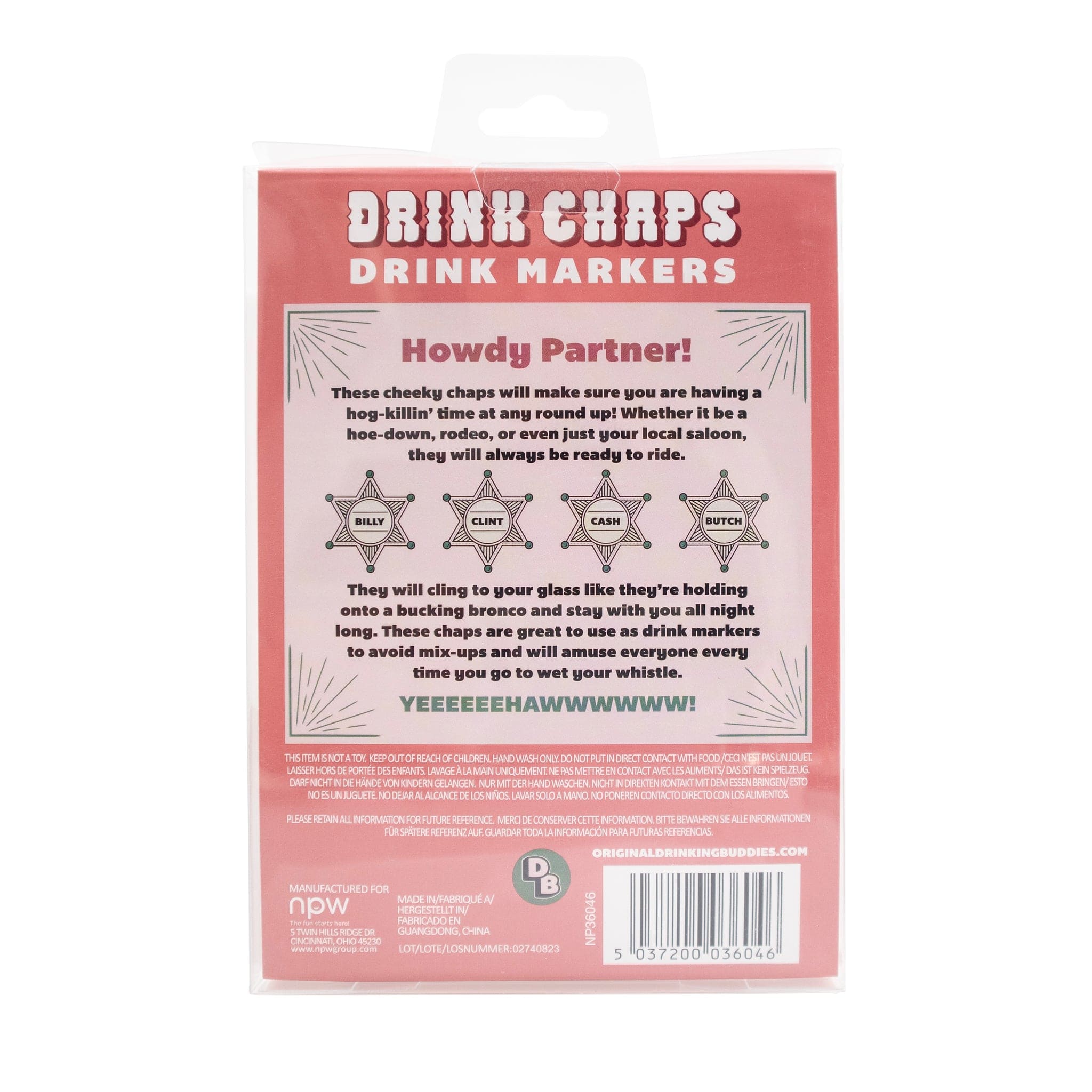Drink Chaps drink markers packaging with sheriff badge designs named Billy, Clint, Cash, and Butch in coral pink color