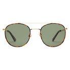 Round sunglasses with gold frame and green lenses on a white background