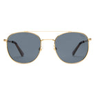 Gold-framed sunglasses with dark lenses on a white background