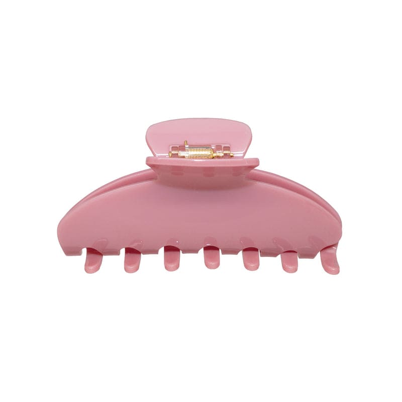 Large pink plastic hair claw clip with metal clasp closure and curved teeth for securing hair