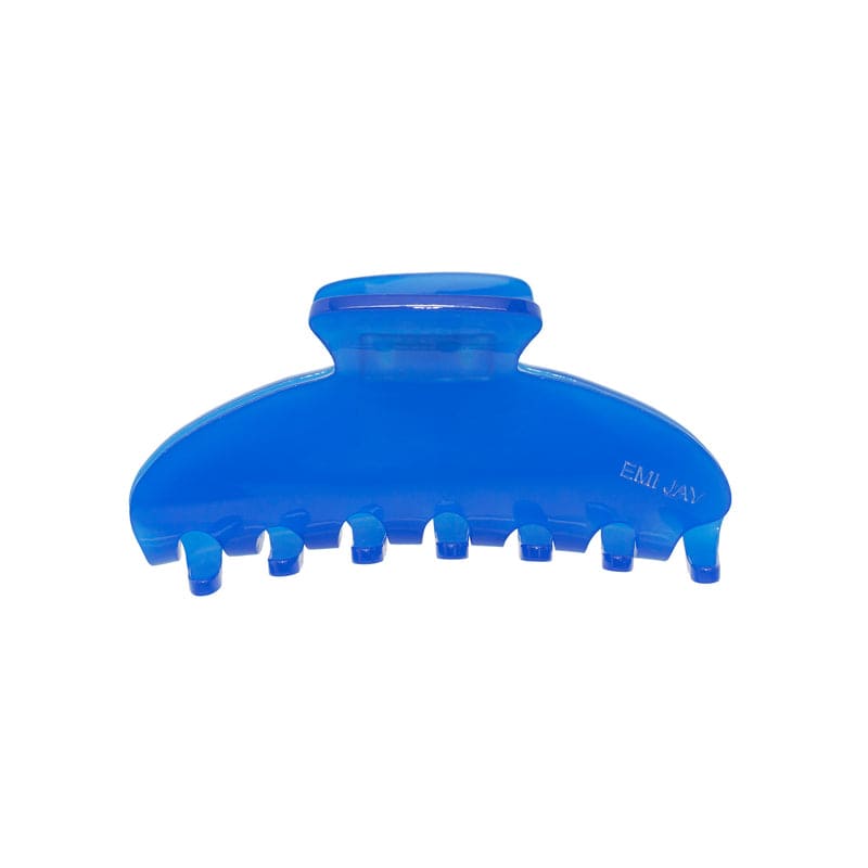 Blue translucent plastic hair claw clip with curved design and multiple teeth grips for securing hair