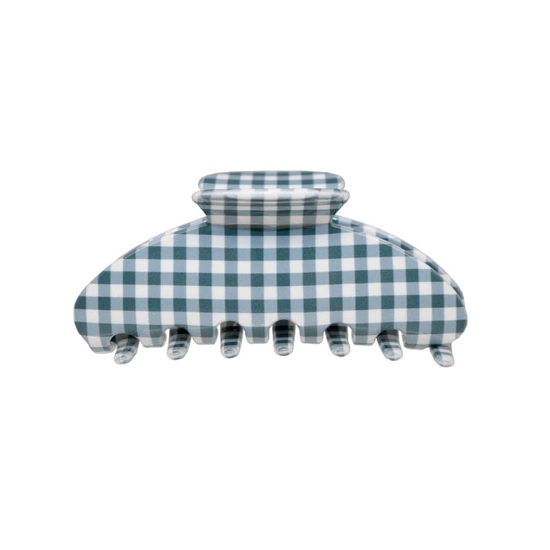 Large green and white gingham checkered hair claw clip with seven teeth and curved design