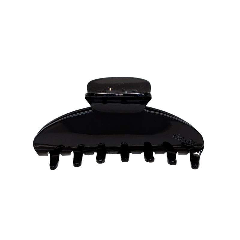 Black plastic hair claw clip with curved design and seven teeth, shown from side profile on white background