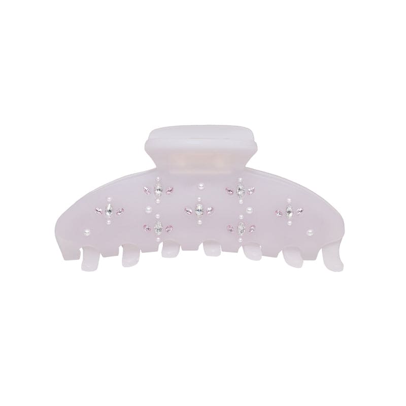 Frosted pink hair claw clip with crystal rhinestone flower embellishments and scalloped edges