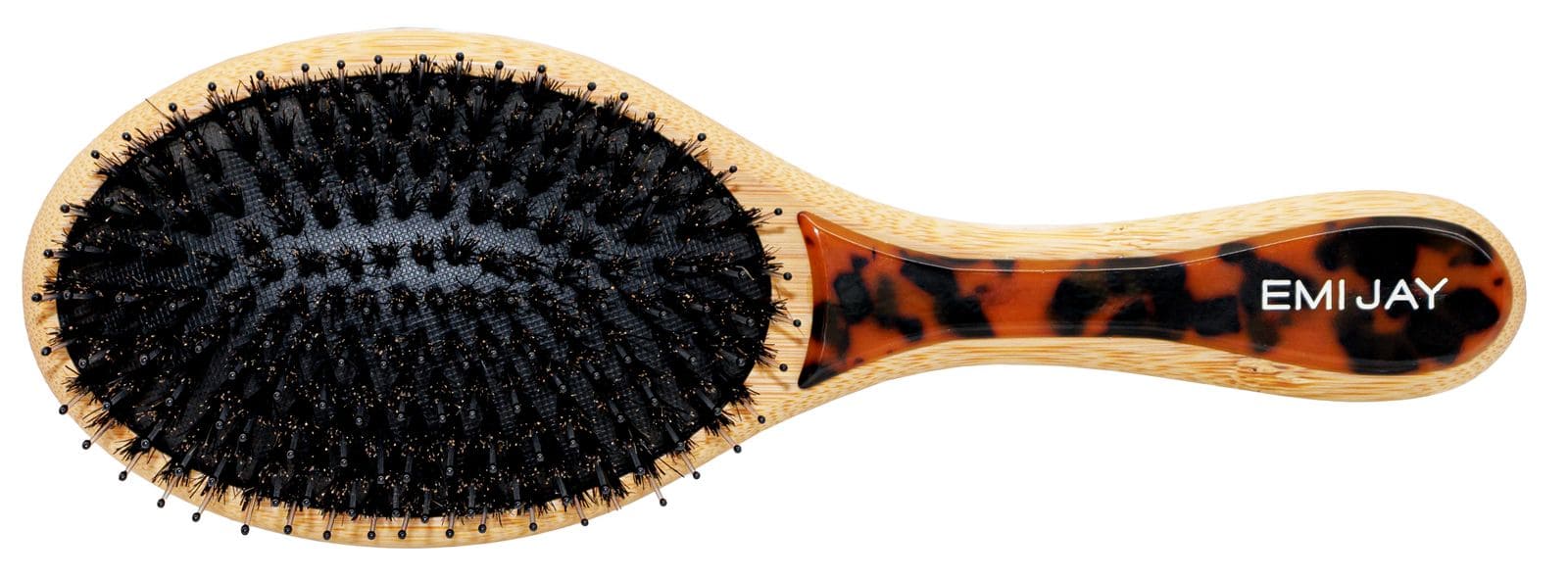 EMI JAY oval hairbrush with natural wood finish, black bristles, and tortoiseshell accent on handle
