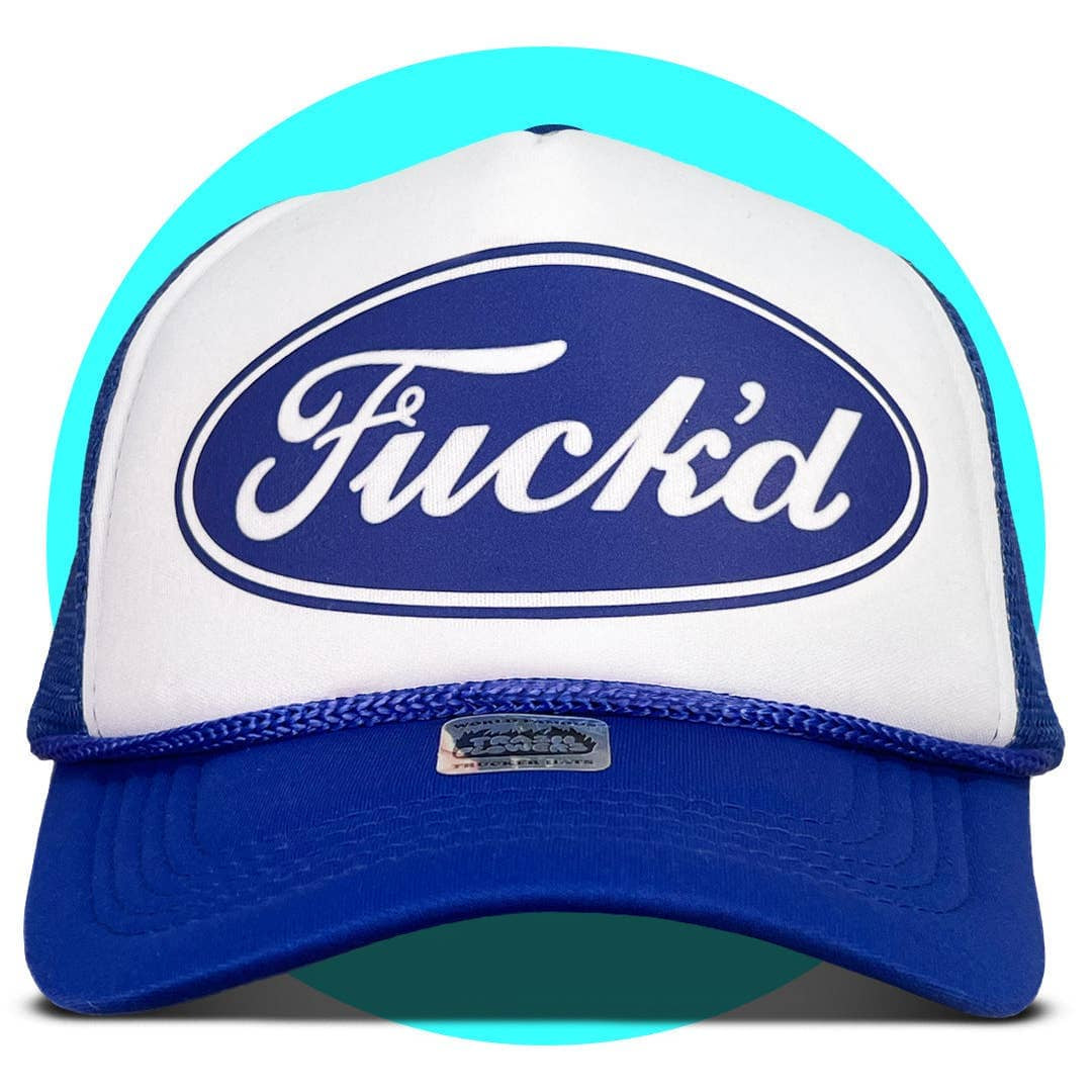 Blue and white trucker hat with "Fuck'd" logo patch on front panel and mesh back