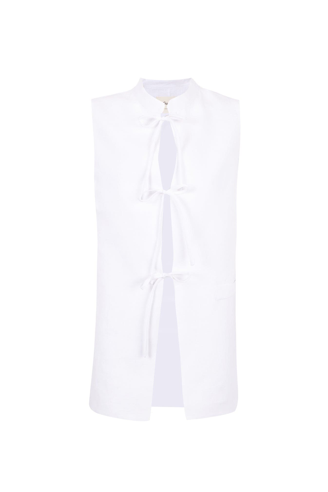 White sleeveless blouse with tie-front cutout detail and sheer fabric overlay