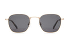 Square gold metal frame sunglasses with dark gray lenses and black temple tips