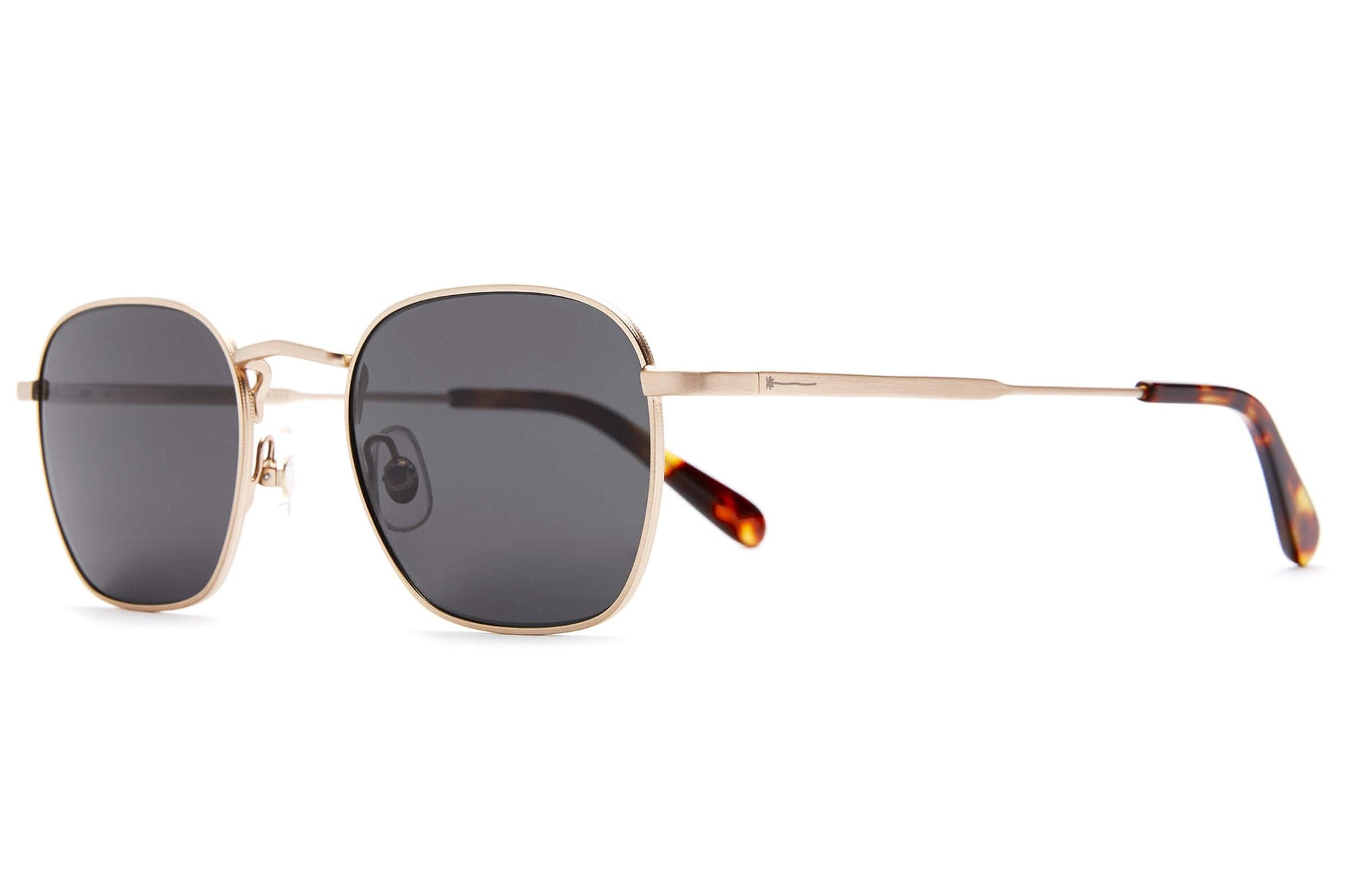 Gold metal square frame sunglasses with dark gray lenses and tortoiseshell temple tips