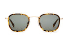 Square tortoiseshell sunglasses with gold metal bridge and temples and dark gray lenses on white background