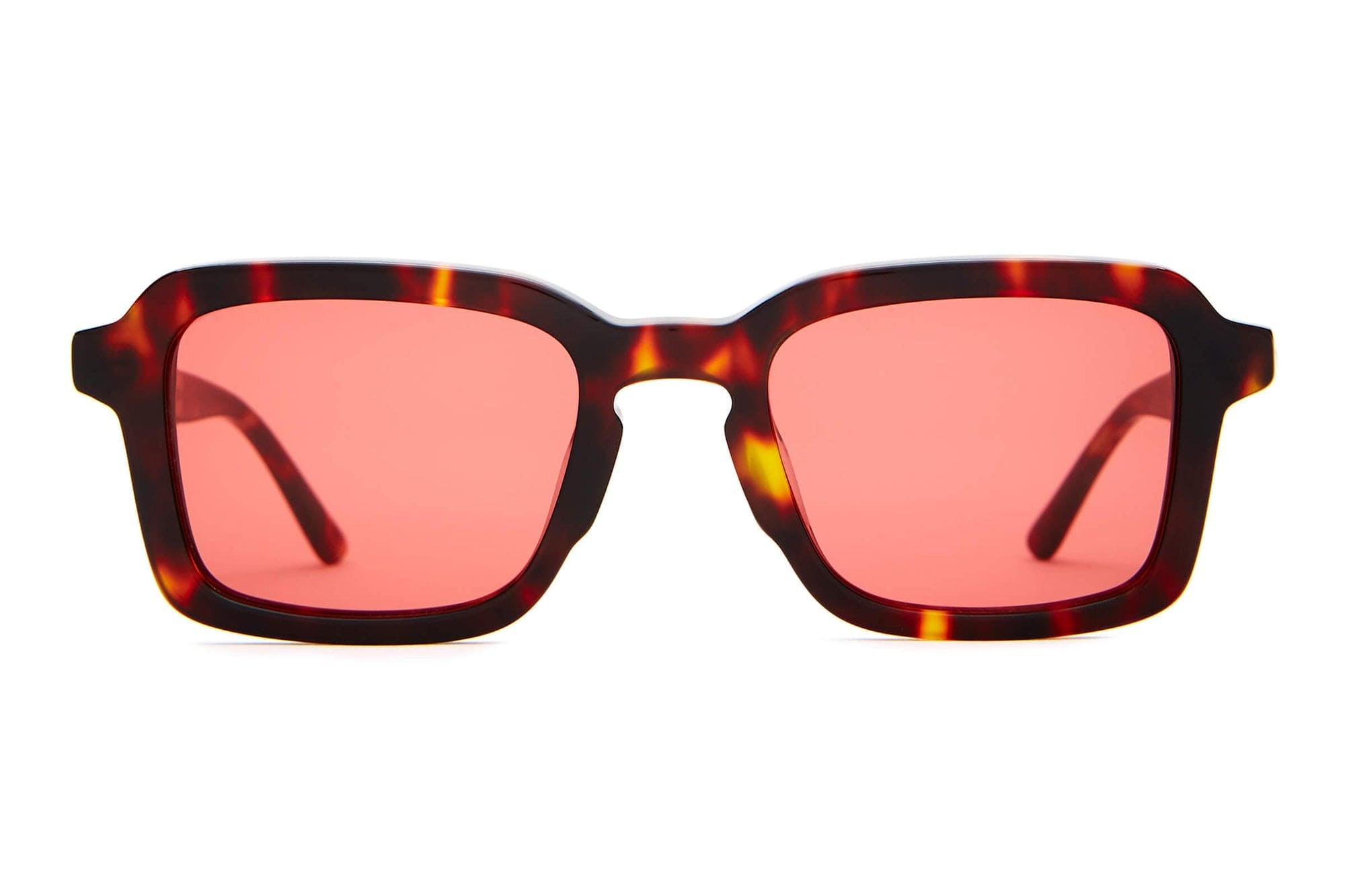Sunglasses with tortoiseshell frame and pink lenses on a white background