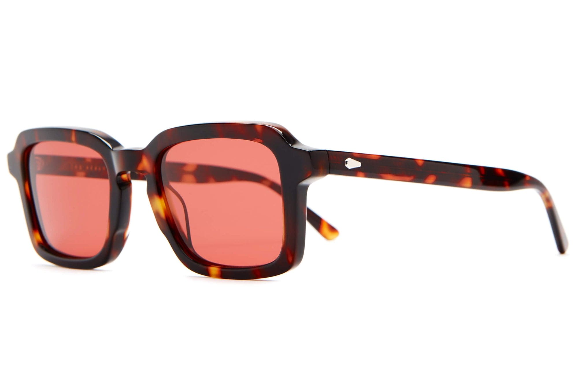 Sunglasses with tortoiseshell frame and red lenses on a white background
