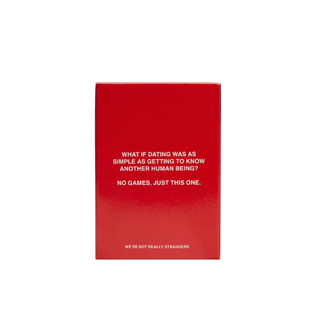 Red card game box with white text reading "What if dating was as simple as getting to know another human being? No games, just this one."