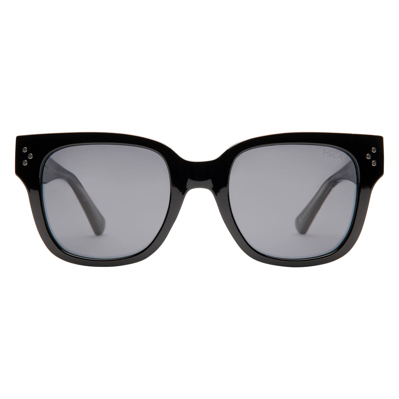 Black sunglasses with gray lenses on a white background