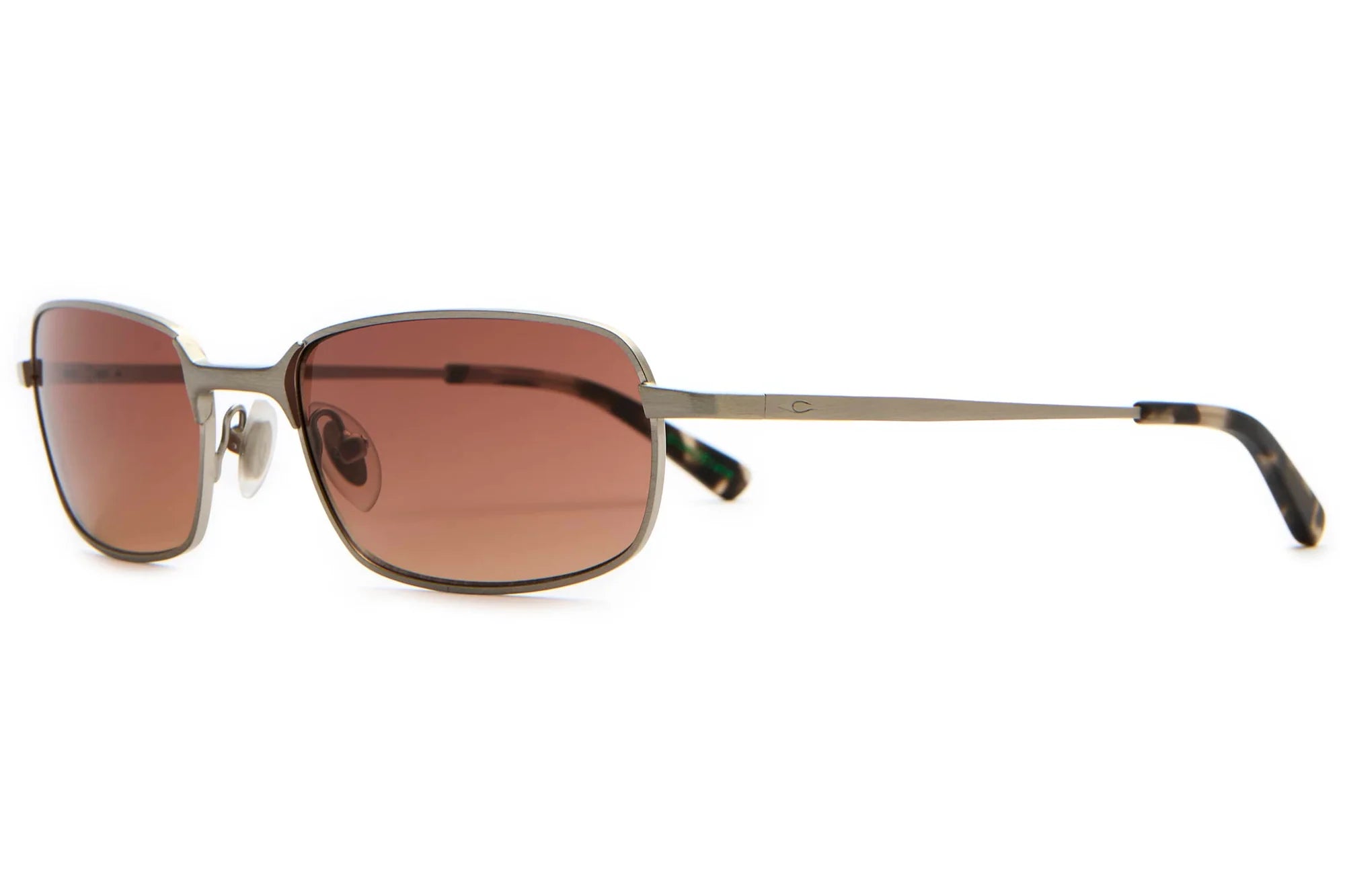 Sunglasses with brown lenses and gold frame on a white background