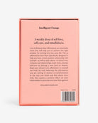 Back of pink affirmation card box describing Love & Relationships affirmations for self-love, self-care, and mindfulness