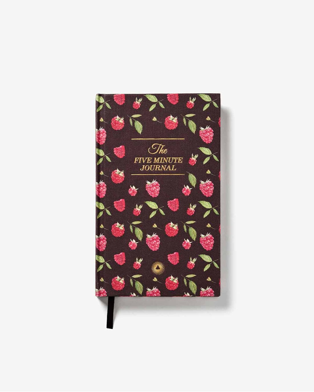 The Five Minute Journal with dark brown cover featuring pink raspberries and green leaves pattern with gold foil text and black ribbon bookmark