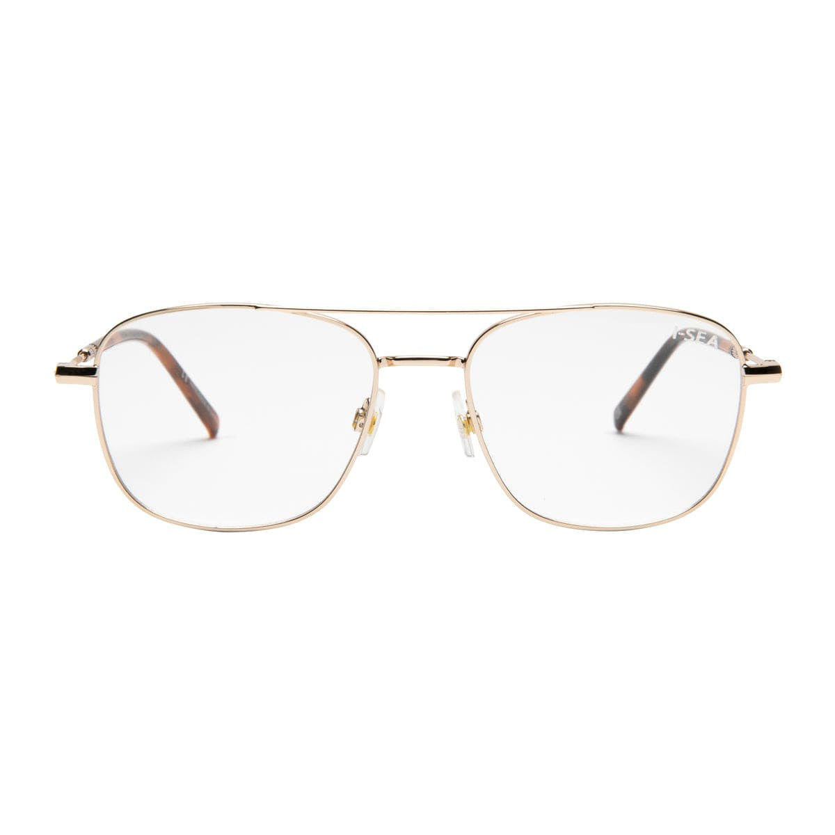 Gold-framed eyeglasses on a white background