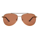 Aviator sunglasses with gold frame and brown lenses on a white background
