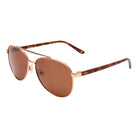 Sunglasses with brown lenses and gold frame on a white background