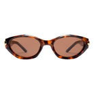 Sunglasses with tortoiseshell frame and brown lenses on a white background