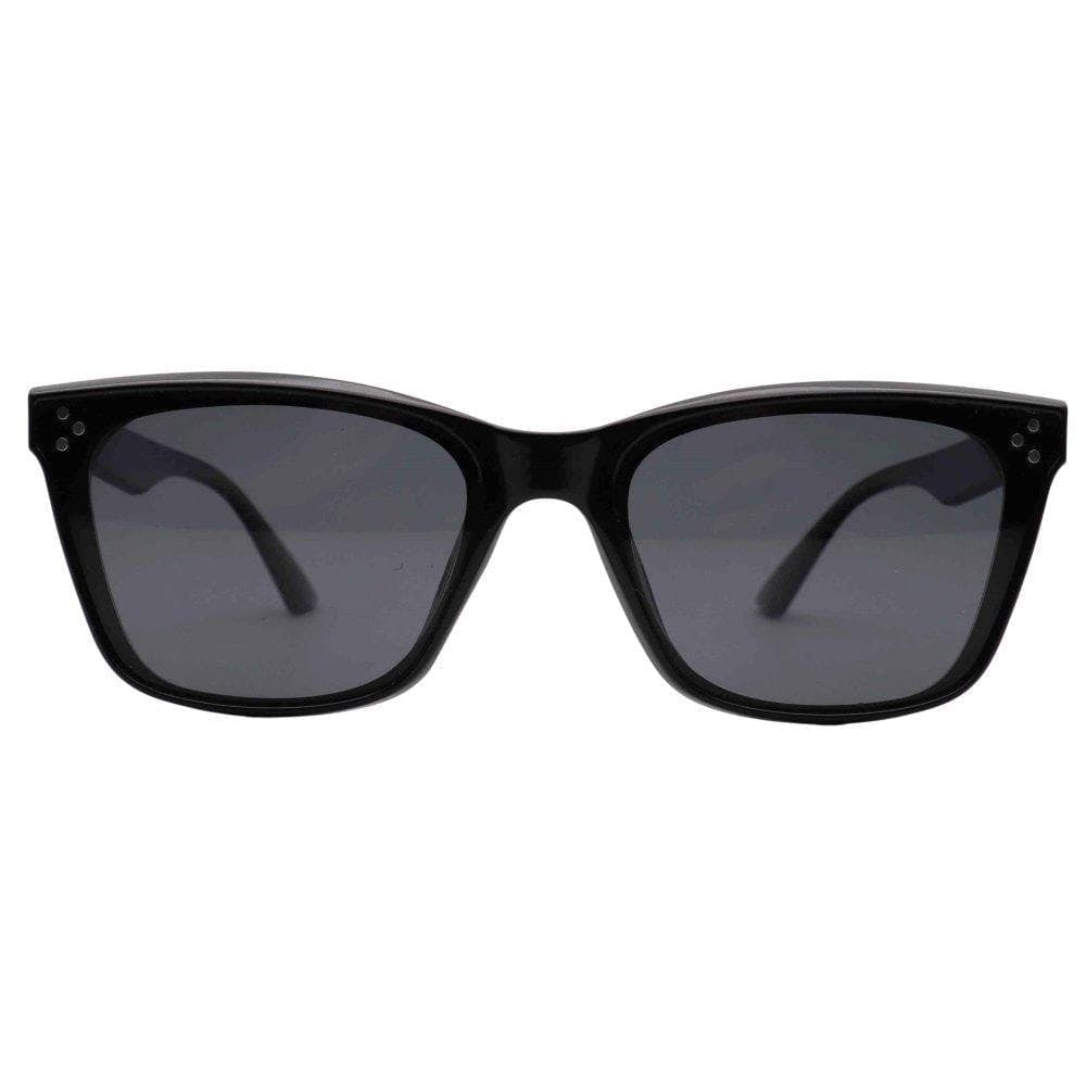 Black plastic square sunglasses with dark gray lenses and decorative rivets on temples