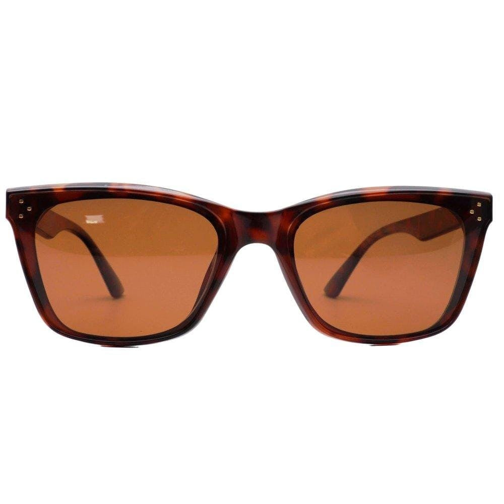 Tortoiseshell brown sunglasses with amber-tinted lenses and studded temple details