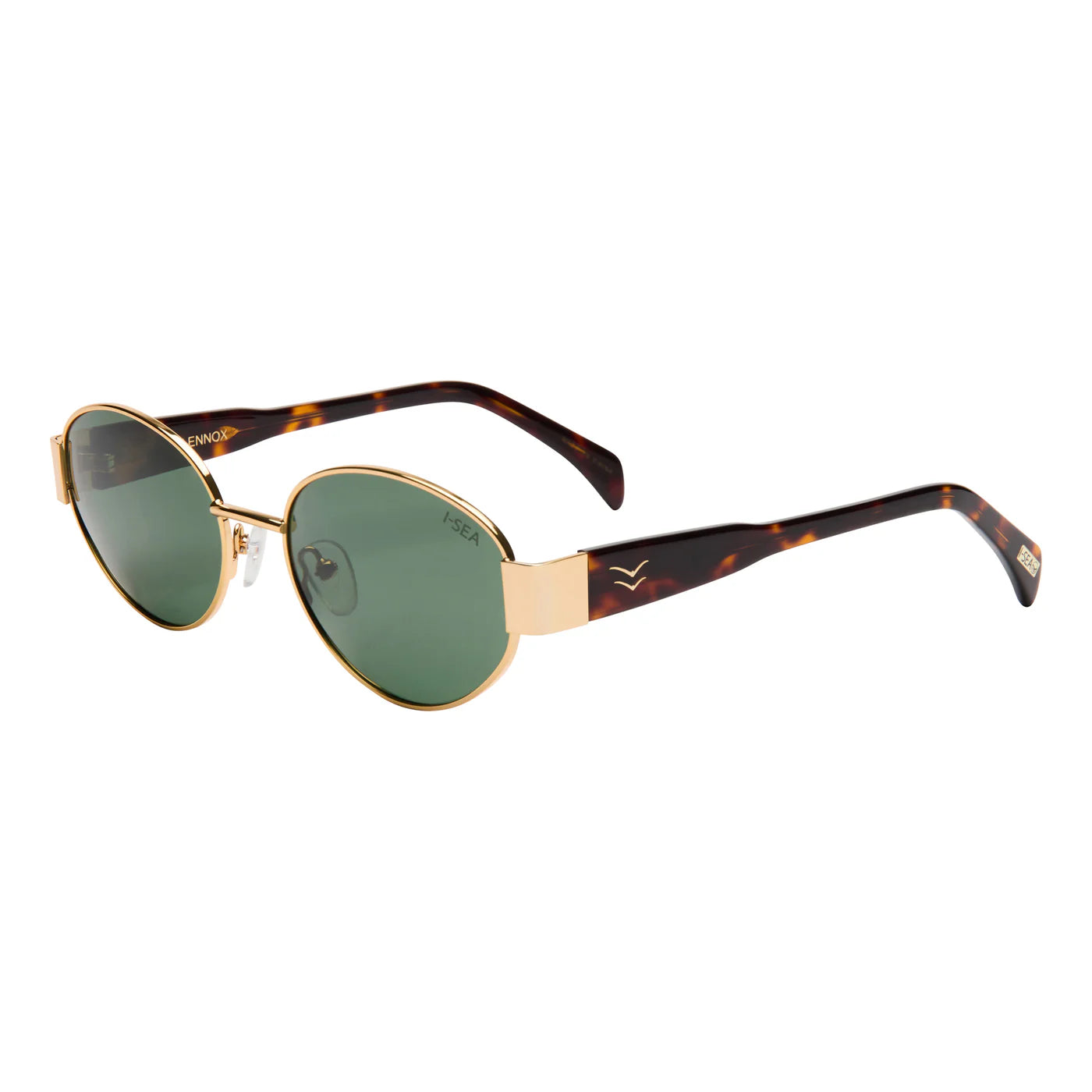 Sunglasses with tortoiseshell frame and green lenses on a white background