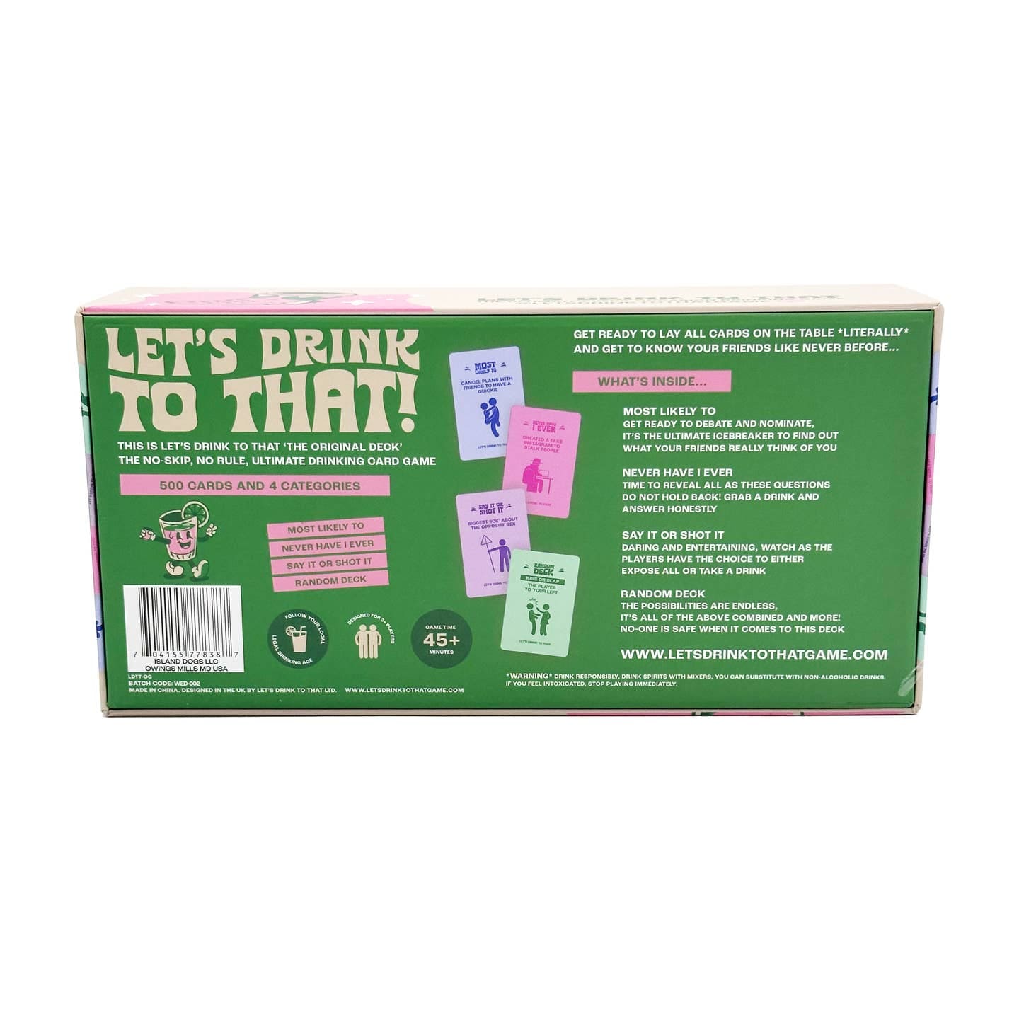 Green and pink party card game box for Let's Drink To That drinking game with 500 cards and 4 categories for ages 18+