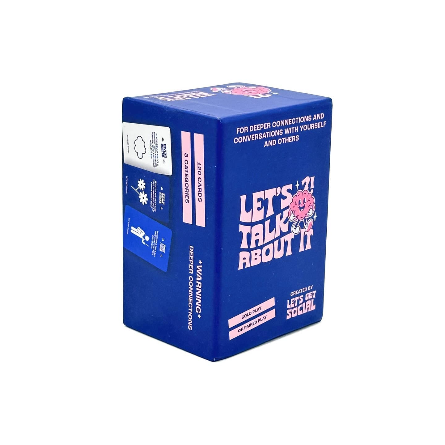 Blue card game box titled "Let's Talk About It" with pink text and brain mascot, designed for deeper conversations