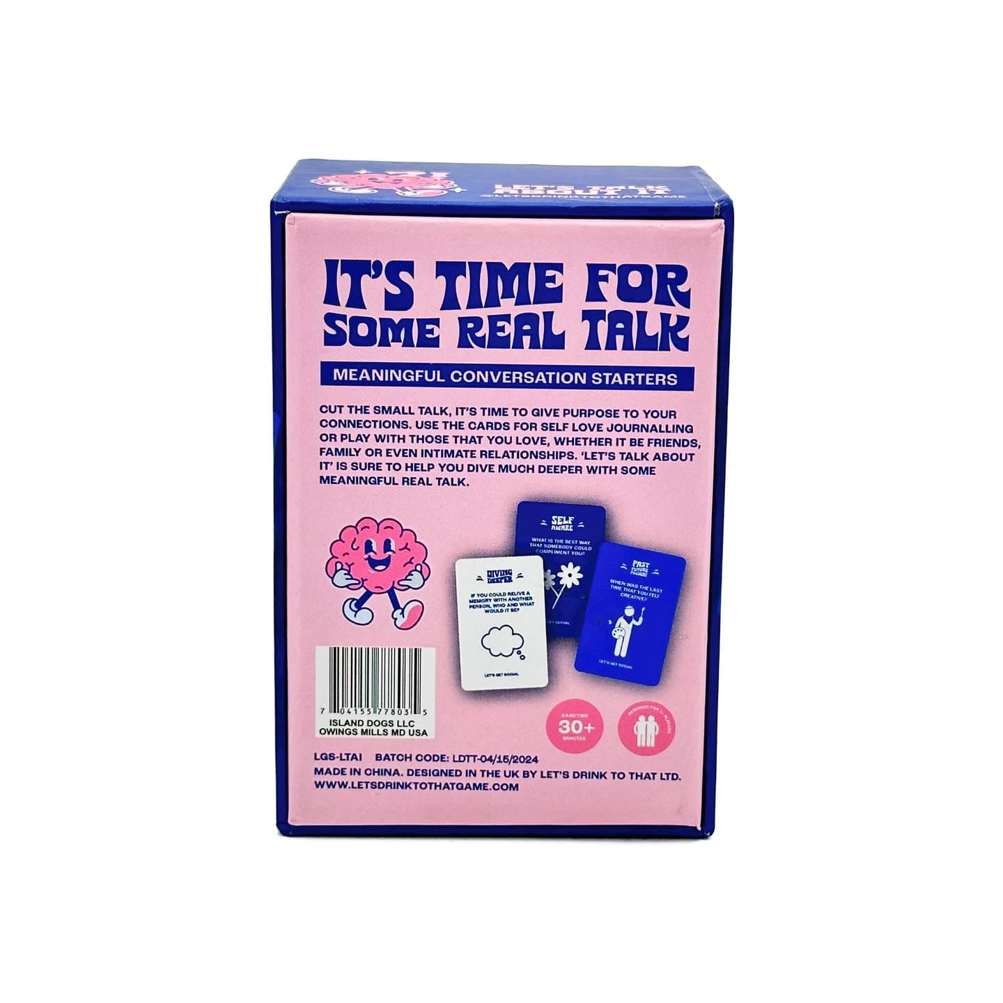 Conversation starter card game box in pink and blue featuring brain character mascot and sample cards for meaningful discussions